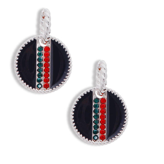 Rhinestone Embellished Fashion Earrings: Silver and Black Medallion