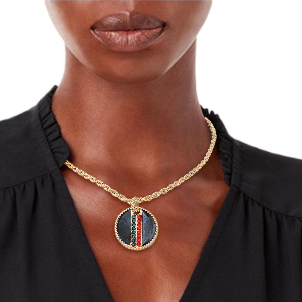 Rhinestone Embellished Fashion Necklace: Gold and Black Medallion