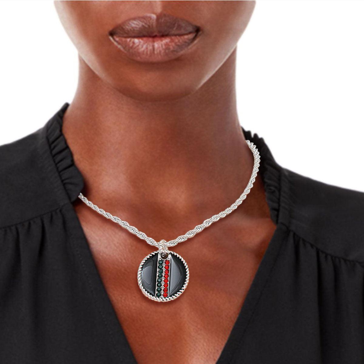 Rhinestone Embellished Fashion Necklace: Silver and Black Medallion