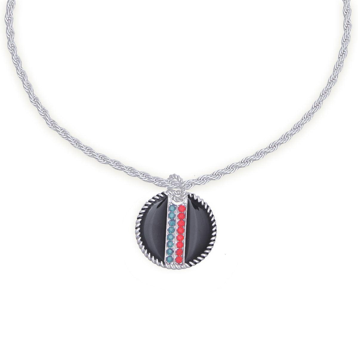 Rhinestone Embellished Fashion Necklace: Silver and Black Medallion