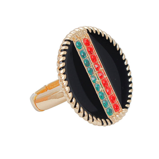 Rhinestone Embellished Fashion Ring: Gold and Black Medallion
