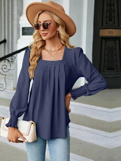 Ruched Square Neck Lantern Sleeve Blouse