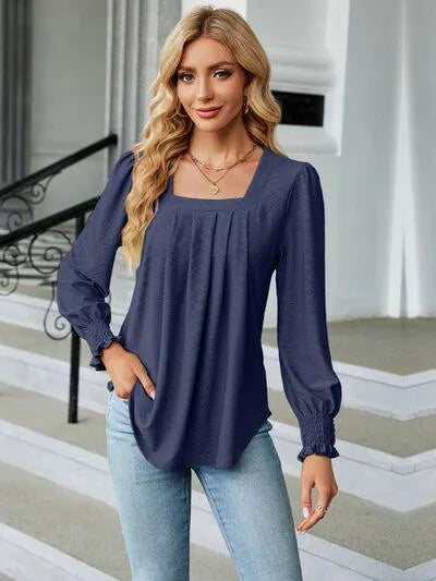 Ruched Square Neck Lantern Sleeve Blouse