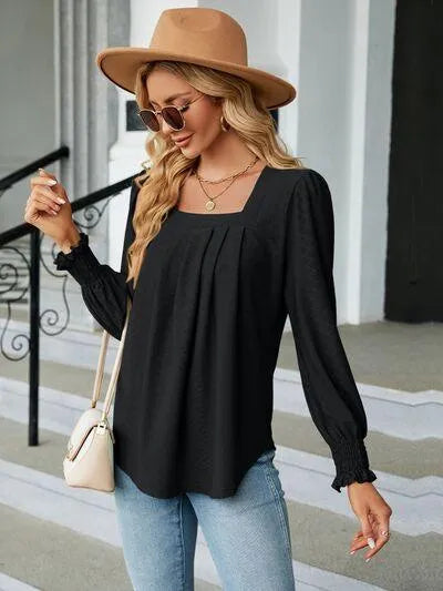 Ruched Square Neck Lantern Sleeve Blouse