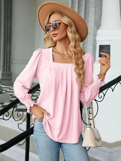 Ruched Square Neck Lantern Sleeve Blouse