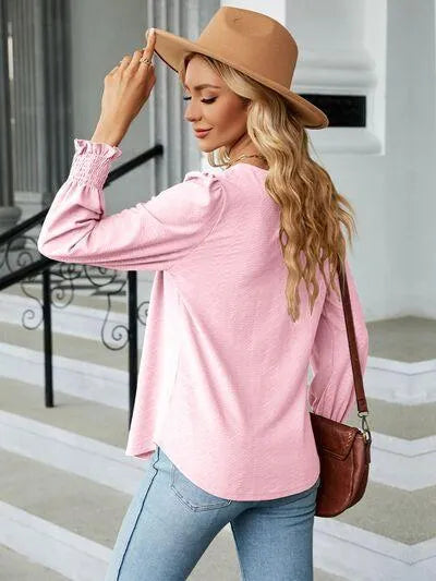 Ruched Square Neck Lantern Sleeve Blouse