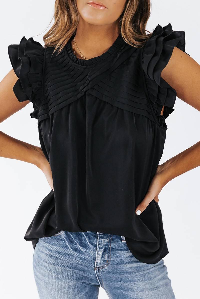 Say Hello to Your New Favorite: Ruffle Sleeve Pleated Yoke Loose Top