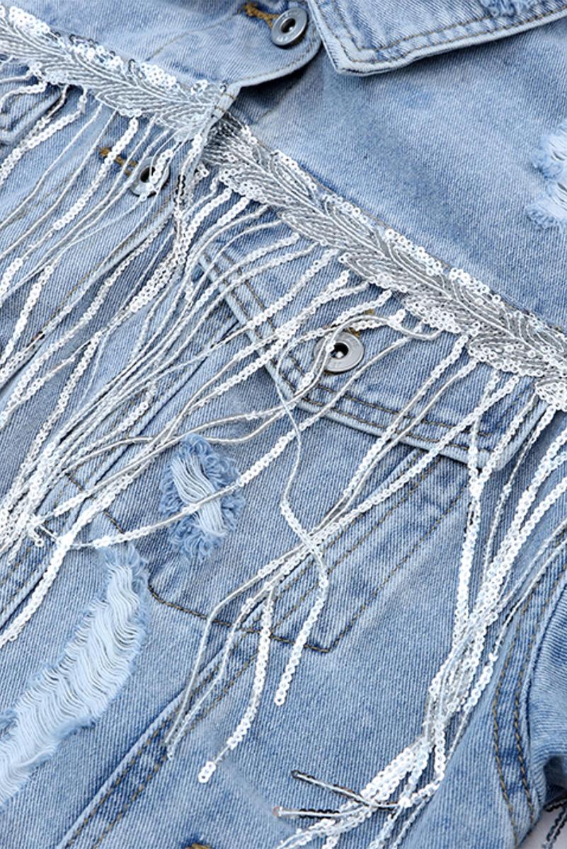 Sequin Embellished Fringe Distressed Denim Jacket