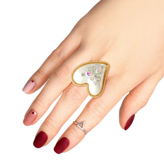 Shimmer and Shine: Pearlized Statement Heart Ring in Gold Tone