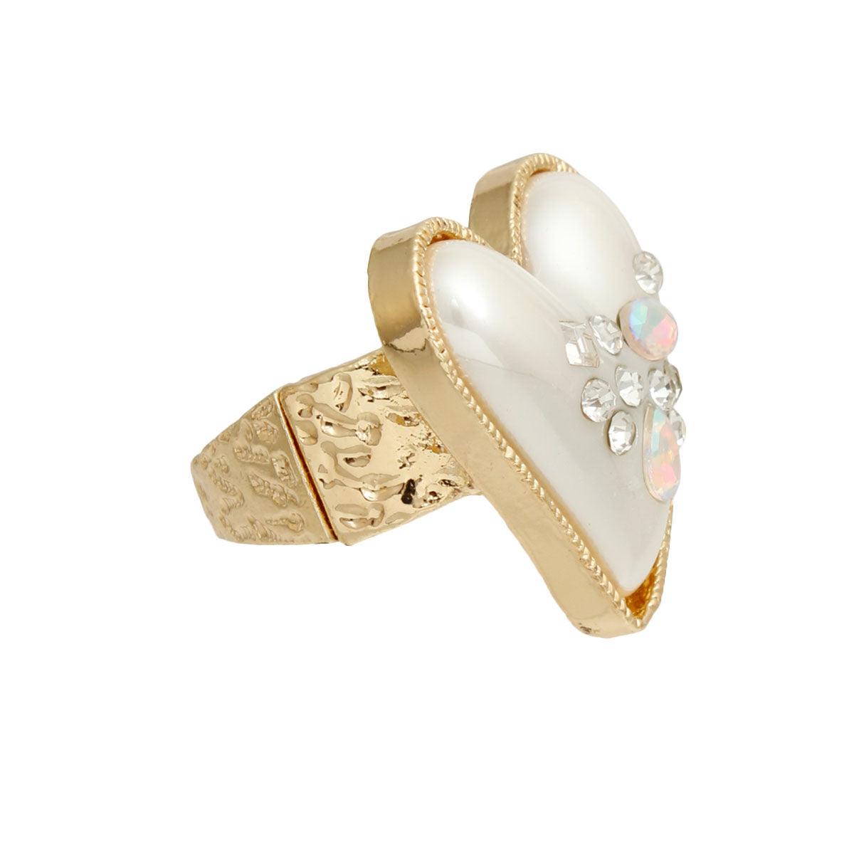 Shimmer and Shine: Pearlized Statement Heart Ring in Gold Tone
