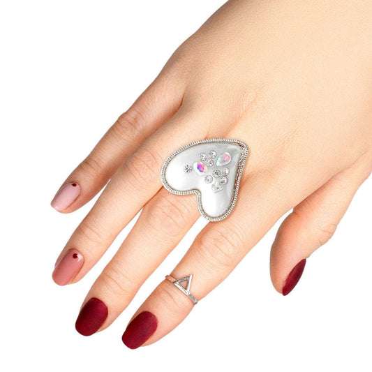 Shimmer and Shine: Pearlized Statement Heart Ring in Silver Tone