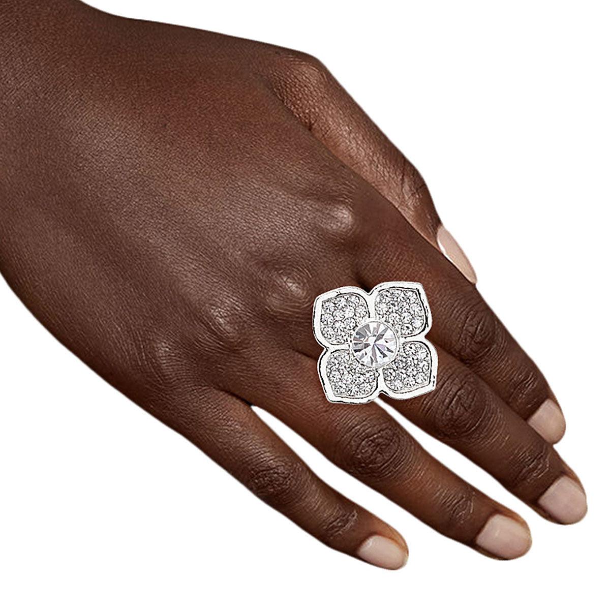 Shimmer and Shine: Silver Flower Ring with Clear Rhinestones - Fashion Jewelry