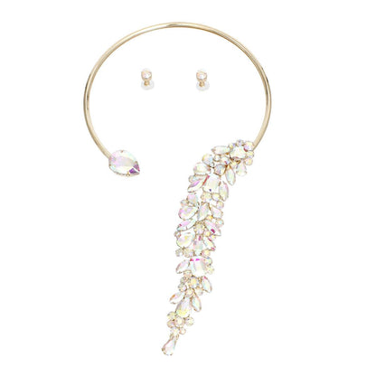 Shine Bright: Aurora Borealis Rhinestone Leaf Choker Necklace Set - Must-Have Accessory!