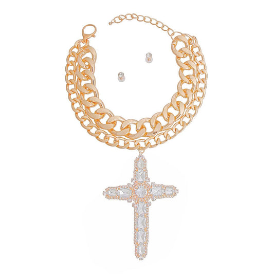 Shine Bright: Captivating Gold Tone Necklace with Cross Pendant