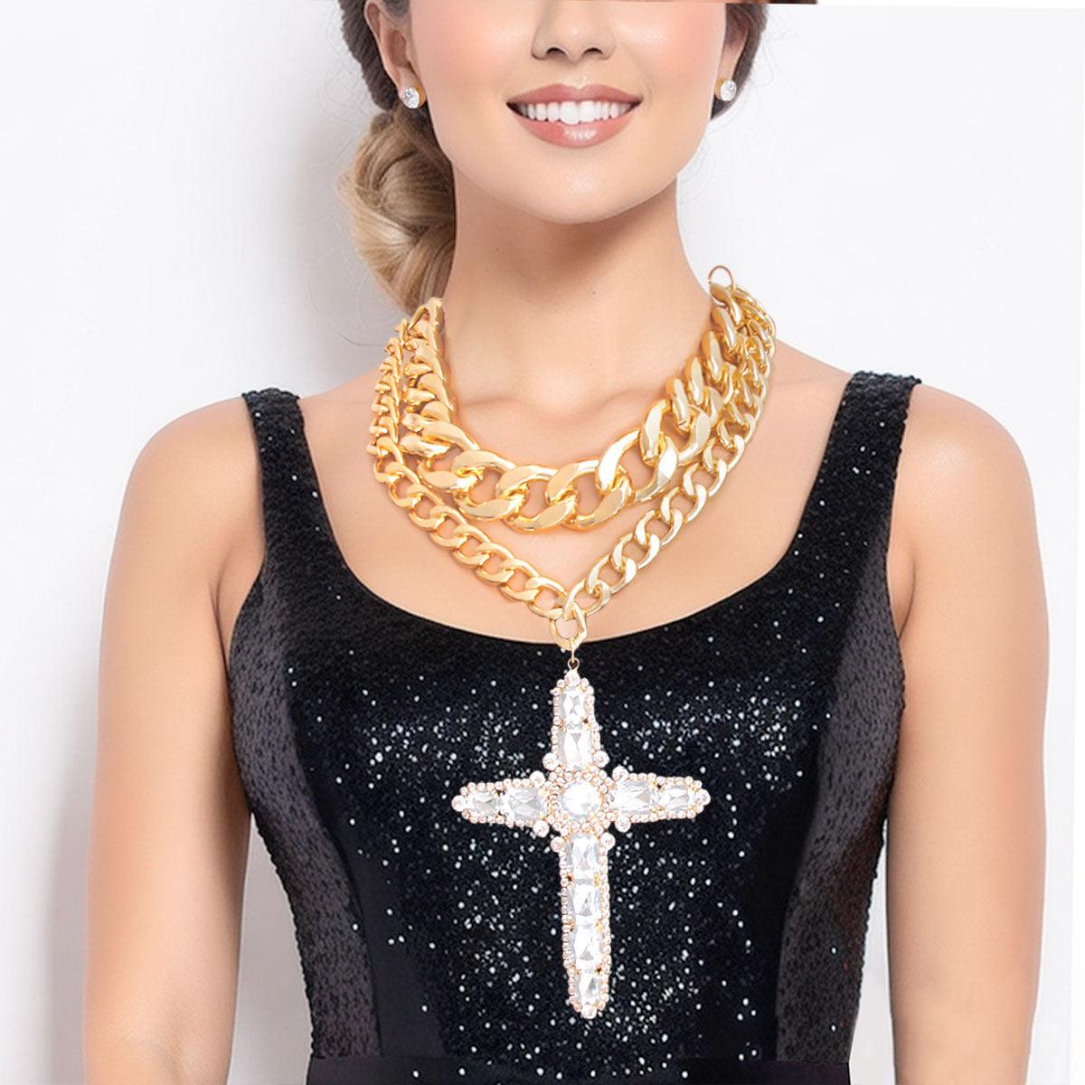Shine Bright: Captivating Gold Tone Necklace with Cross Pendant