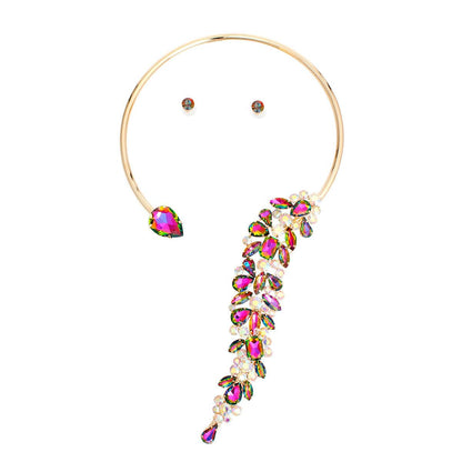 Shine Bright: Pink Green Rhinestone Leaf Choker Necklace Set - Must-Have Accessory!