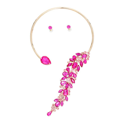 Shine Bright: Pink Rhinestone Leaf Choker Necklace Set - Must-Have Accessory!