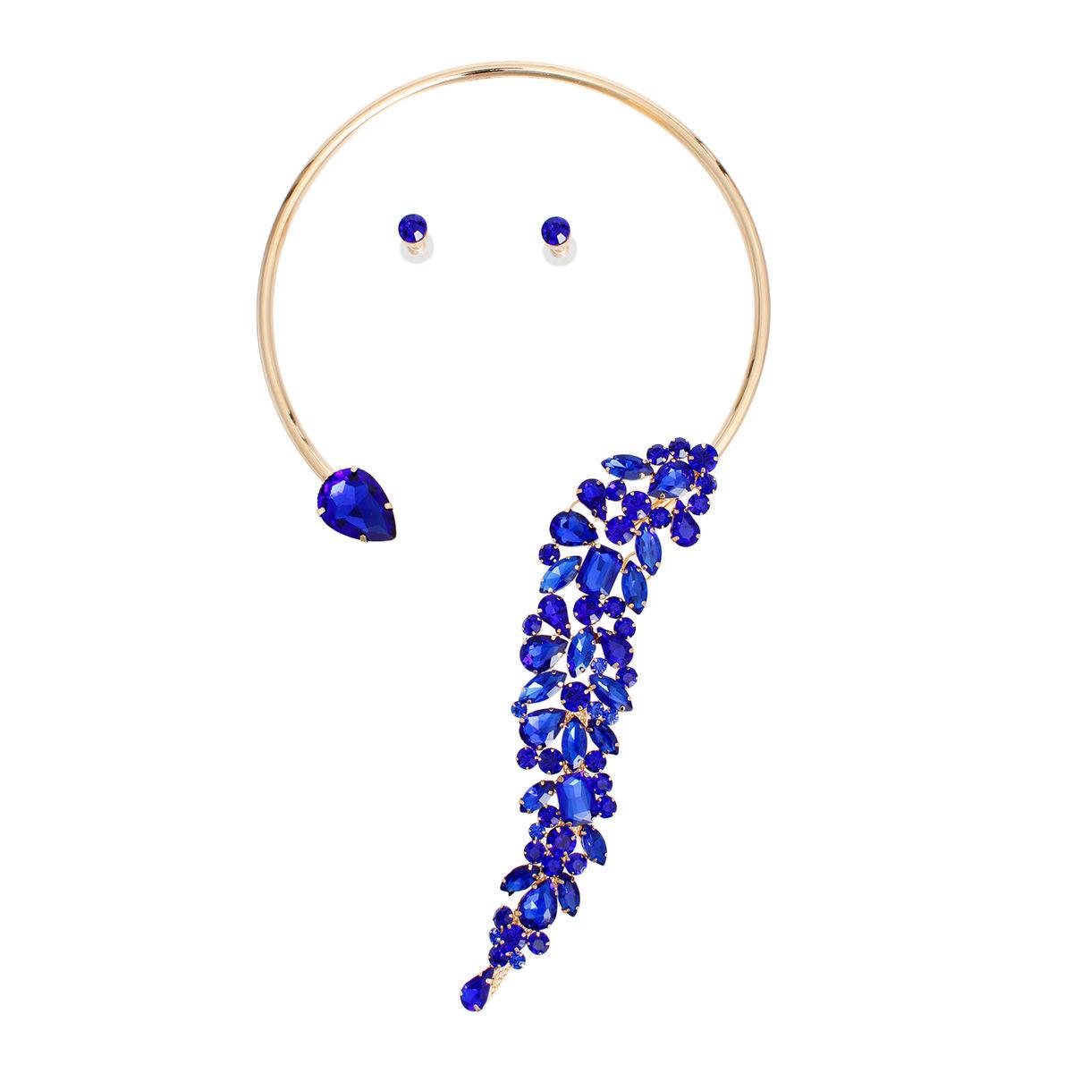 Shine Bright: Royal Blue Rhinestone Leaf Choker Necklace Set - Must-Have Accessory!