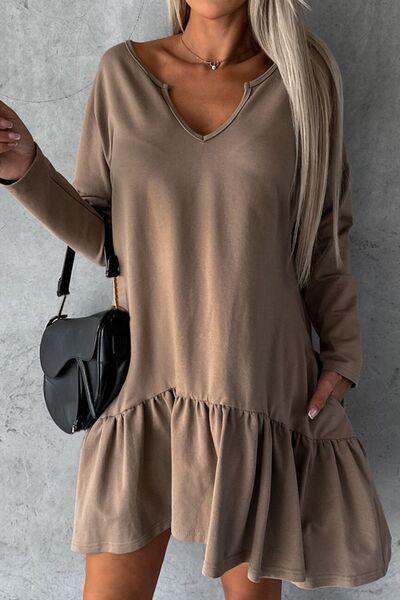Shop Now for the Must-Have Notched Long Sleeve Ruffle Hem Mini Dress!