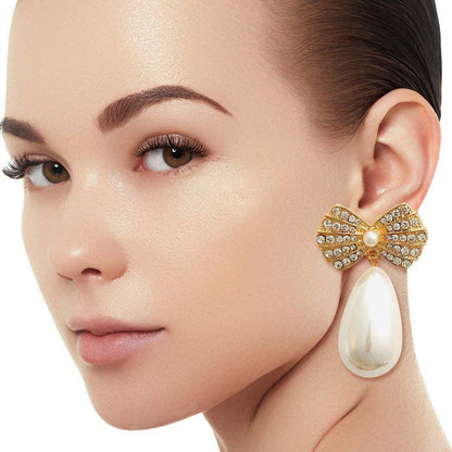 Shop Stunning Gold Tone & Rhinestone Bow Earrings - Pearl Dangle