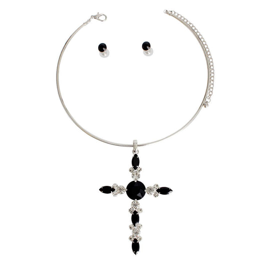 Shop the Chic Black Cross Jewelry Set: Choker Necklace and; Stud Earrings