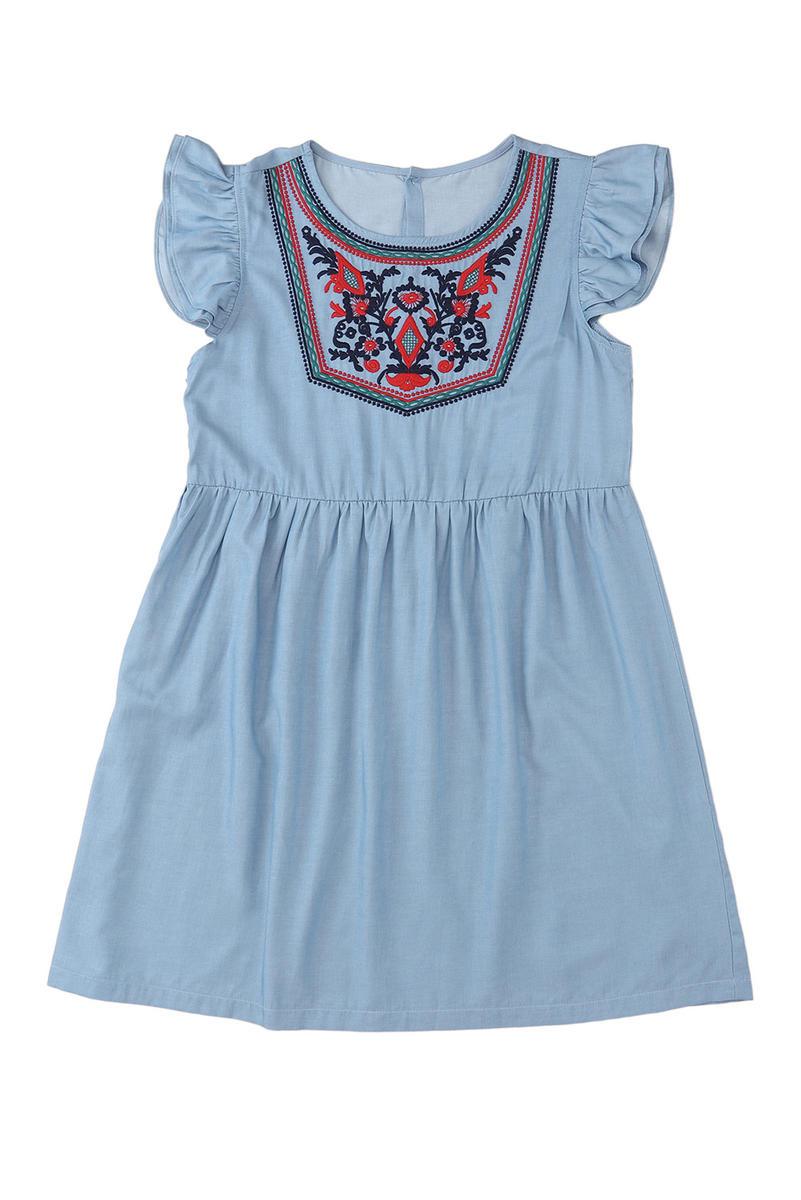 Shop the Latest Floral Embroidered Ruffled Sleeve Mini Dress in Sky-blue