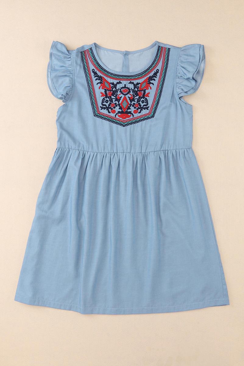 Shop the Latest Floral Embroidered Ruffled Sleeve Mini Dress in Sky-blue
