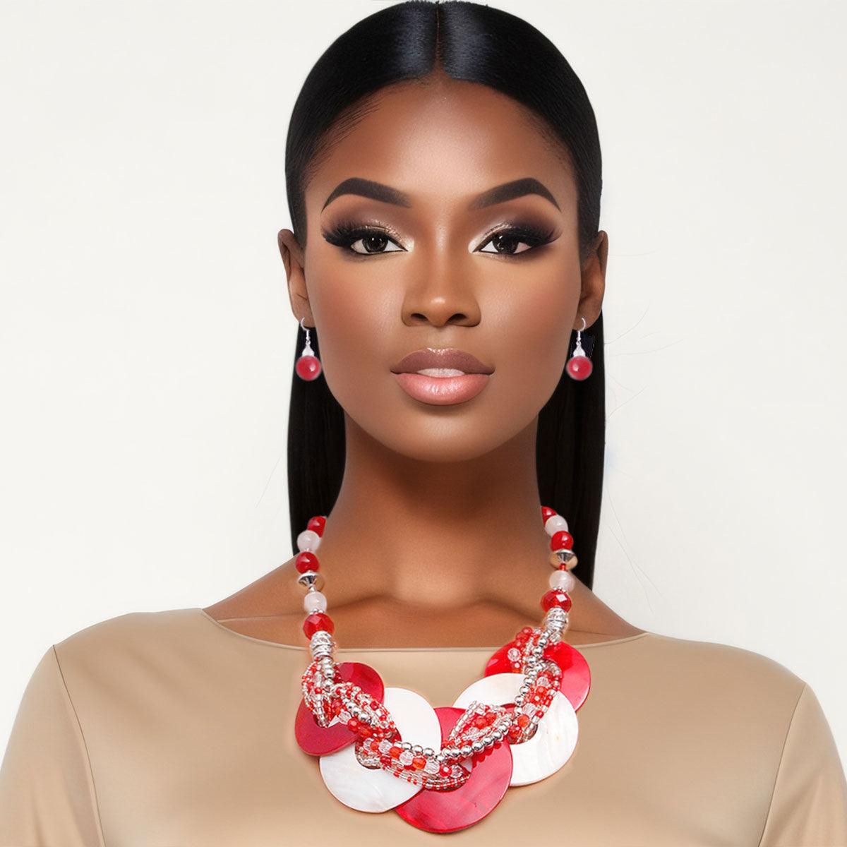 Shop the Latest Red and White Beaded Disc Necklace Set - Must-Have!