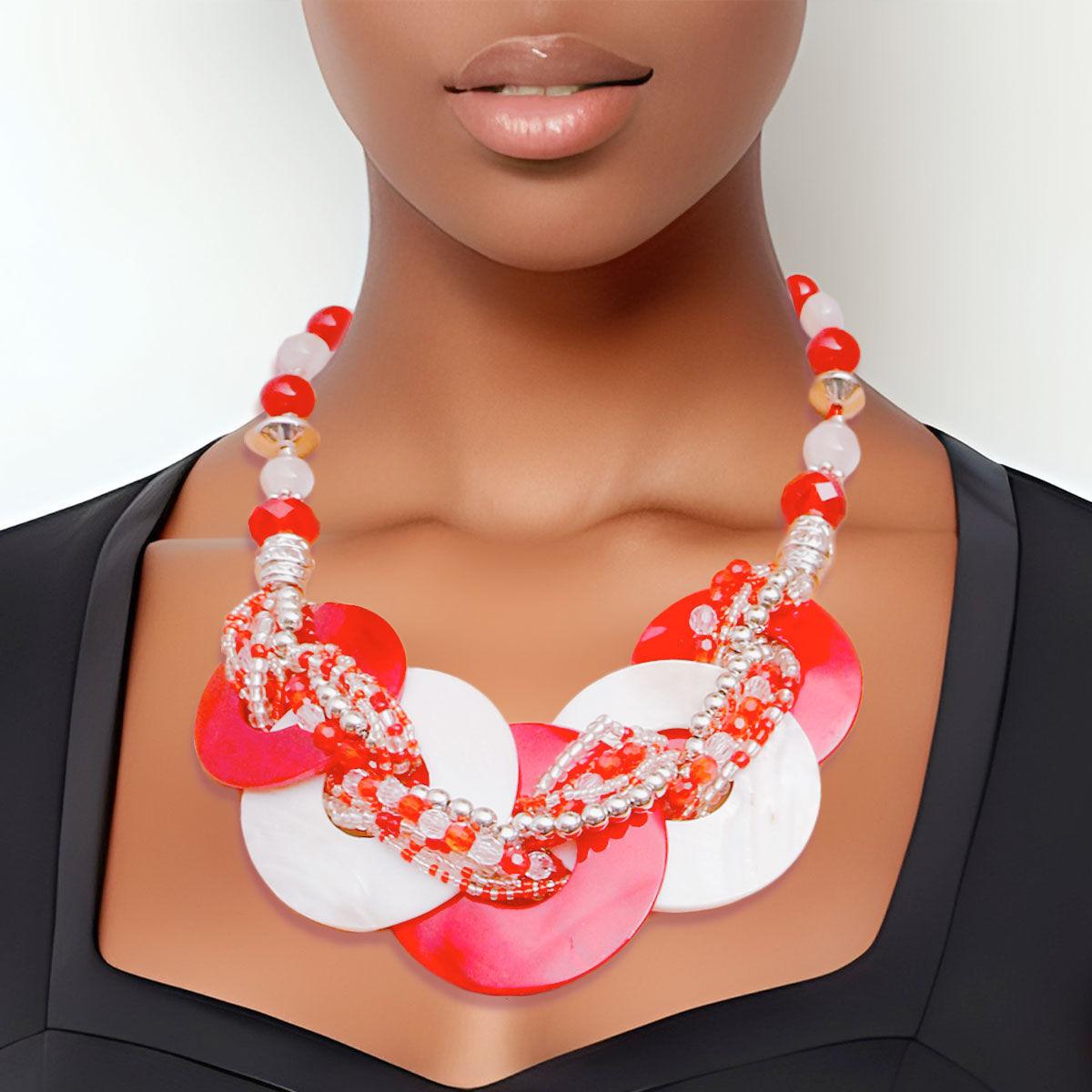 Shop the Latest Red and White Beaded Disc Necklace Set - Must-Have!