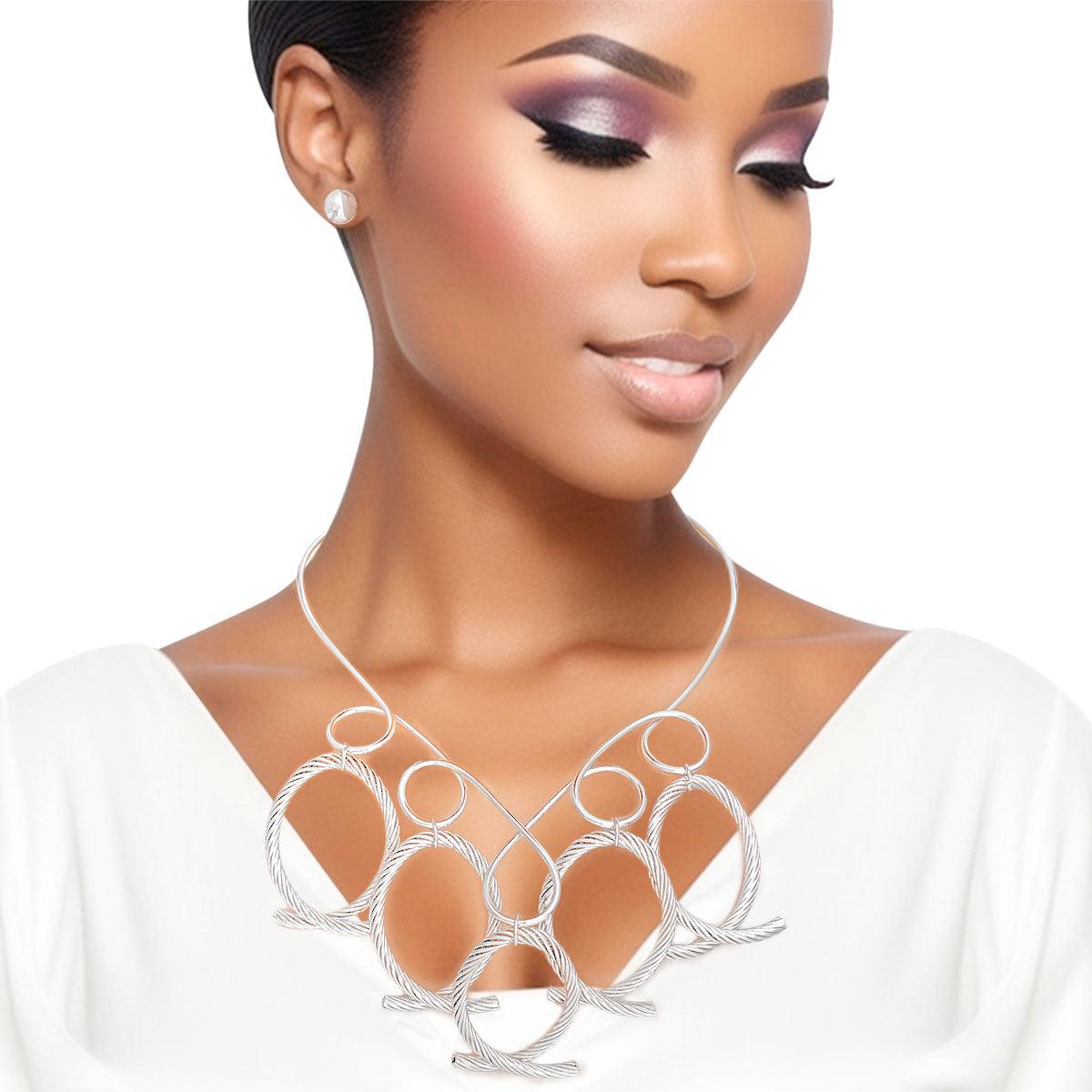 Silver Cable Link Collar Necklace Set - Fashion Jewelry