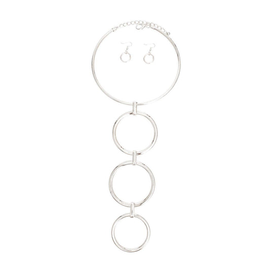 Silver Linked Rings Necklace Set: Modernist Fashion Jewelry