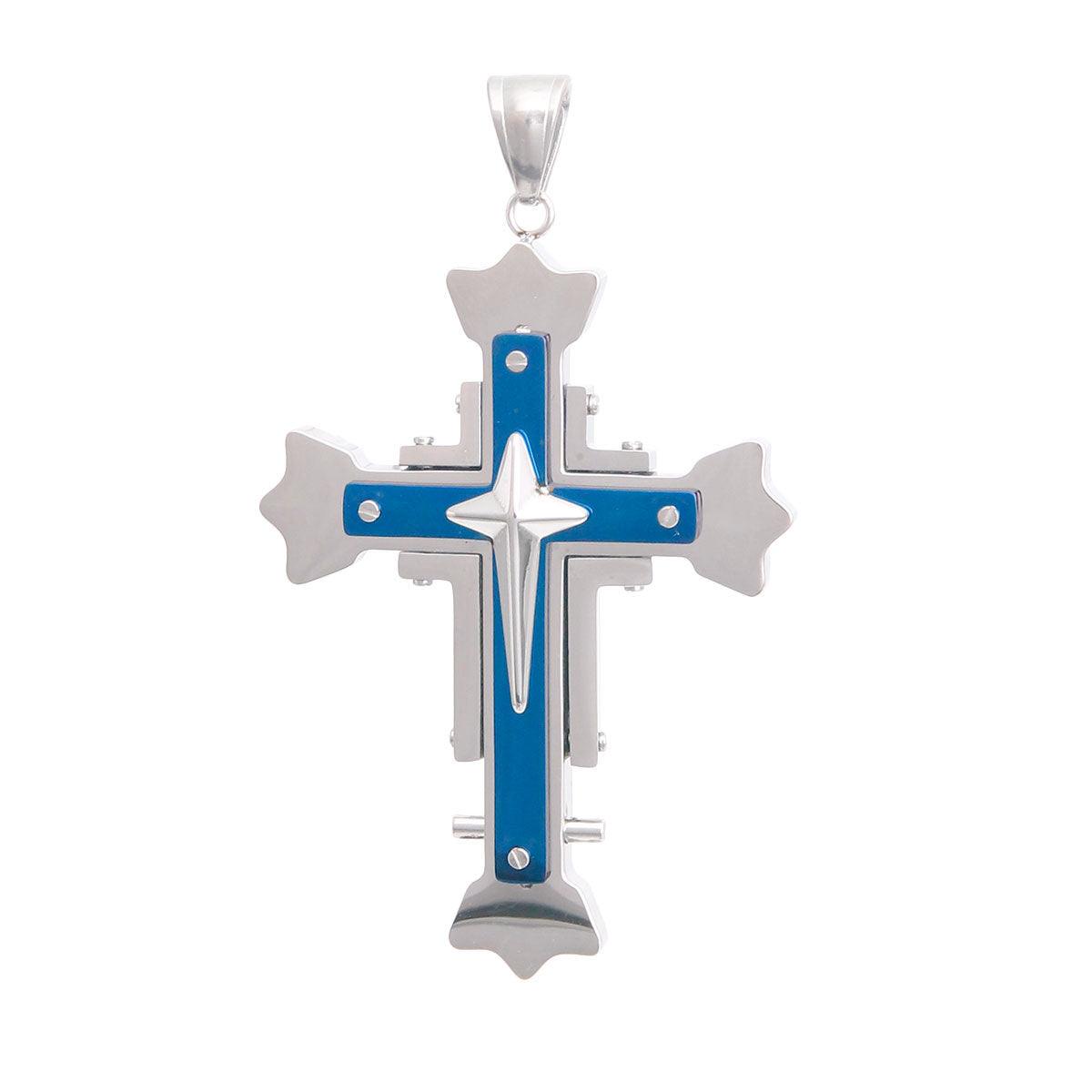 Silver Tone Stainless Steel Cross Pendant with Blue Detail