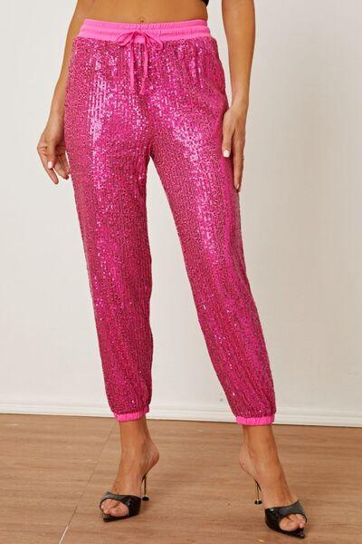 Sparkle Up Your Look with Hot Pink Sequin Drawstring Pants - Shop the Latest Trend Today