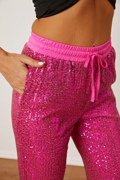 Sparkle Up Your Look with Hot Pink Sequin Drawstring Pants - Shop the Latest Trend Today