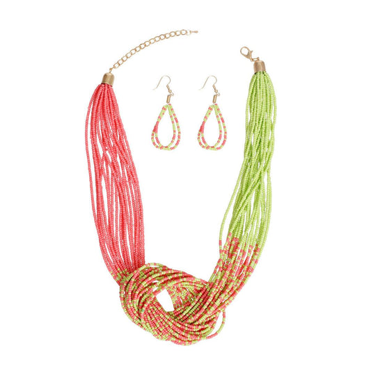 Stand Out with a Green & Pink Beaded Knot Necklace Set