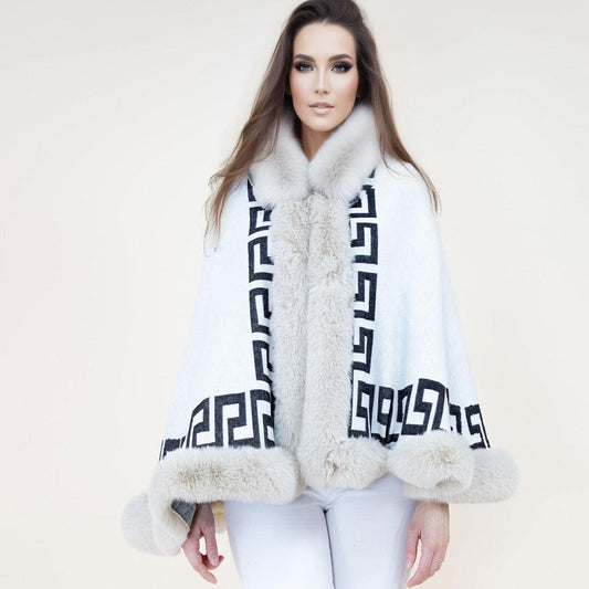 Stay cozy and stylish with our trendy Greek key design Shawl Cape Ruana Beige Faux Fur Trim Wrap