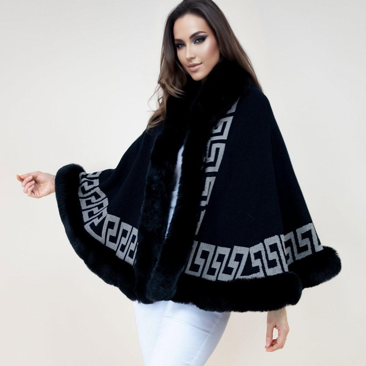 Stay cozy and stylish with our trendy Greek key design Shawl Cape Ruana Black Faux Fur Trim Wrap