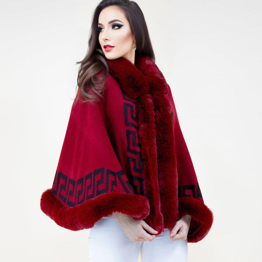 Stay cozy and stylish with our trendy Greek key design Shawl Cape Ruana Burgundy Faux Fur Trim Wrap