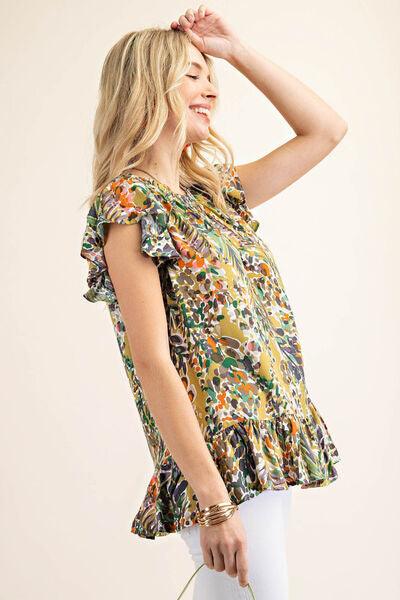 Stay Stylish and Comfy in a Printed Ruffle Hem Cap Sleeve Blouse