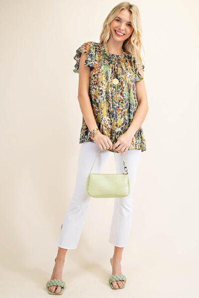 Stay Stylish and Comfy in a Printed Ruffle Hem Cap Sleeve Blouse