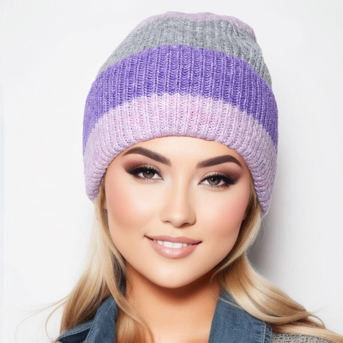 Stay Toasty: Ribbed Knit Striped Beanie Hat in Purple