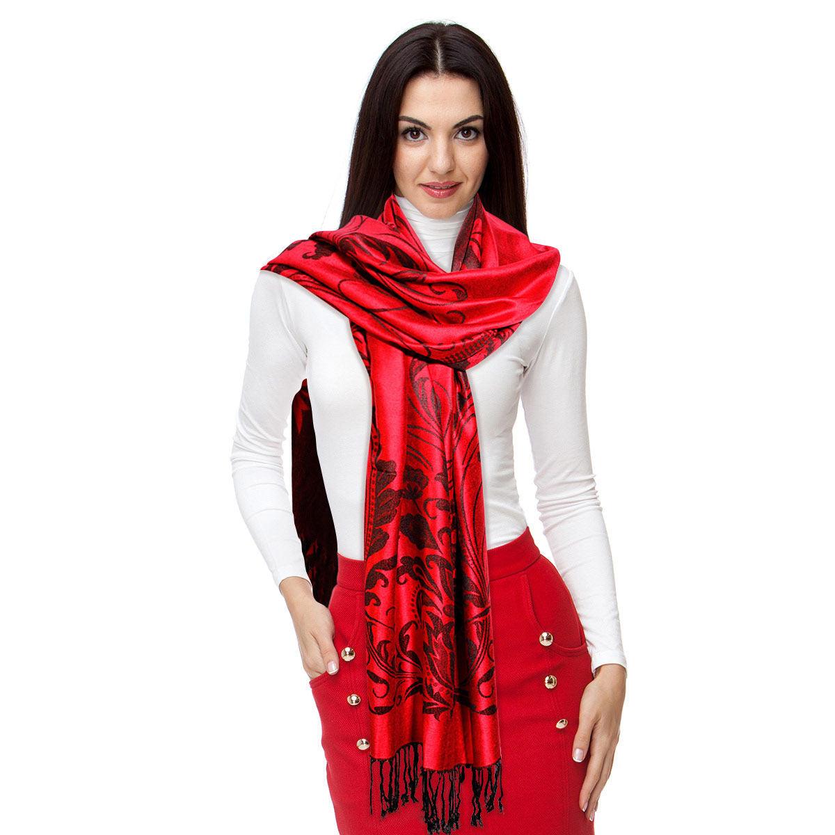 Step into timeless fashion with our Women's Pashmina Red Flower Fringe Scarf