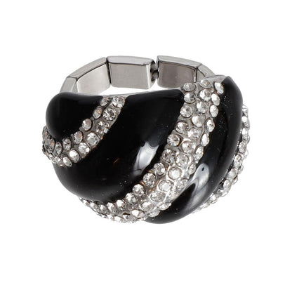 Stunning Clear Rhinestone and Black Dome Silver Cocktail Ring - Fashion Jewelry