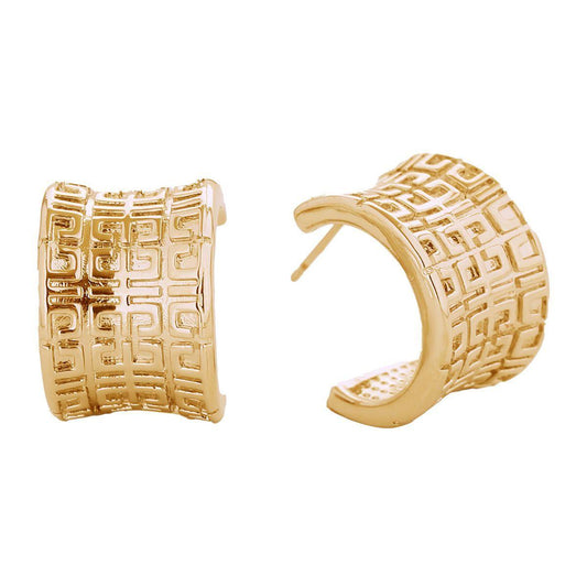 Stunning Greek Key Design Wide Curved Gold Finish Earrings
