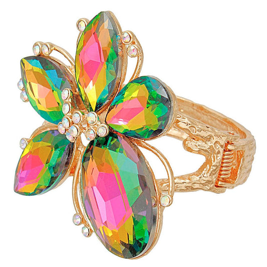 Stunning Pink Green Crystal Flower Cuff Bracelet - Must-Have Accessory