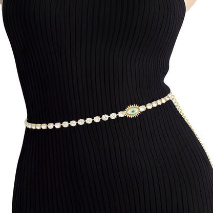 Style Your Gold Chain Rhinestone Belt with Evil Eye Accent for a Glamorous Look