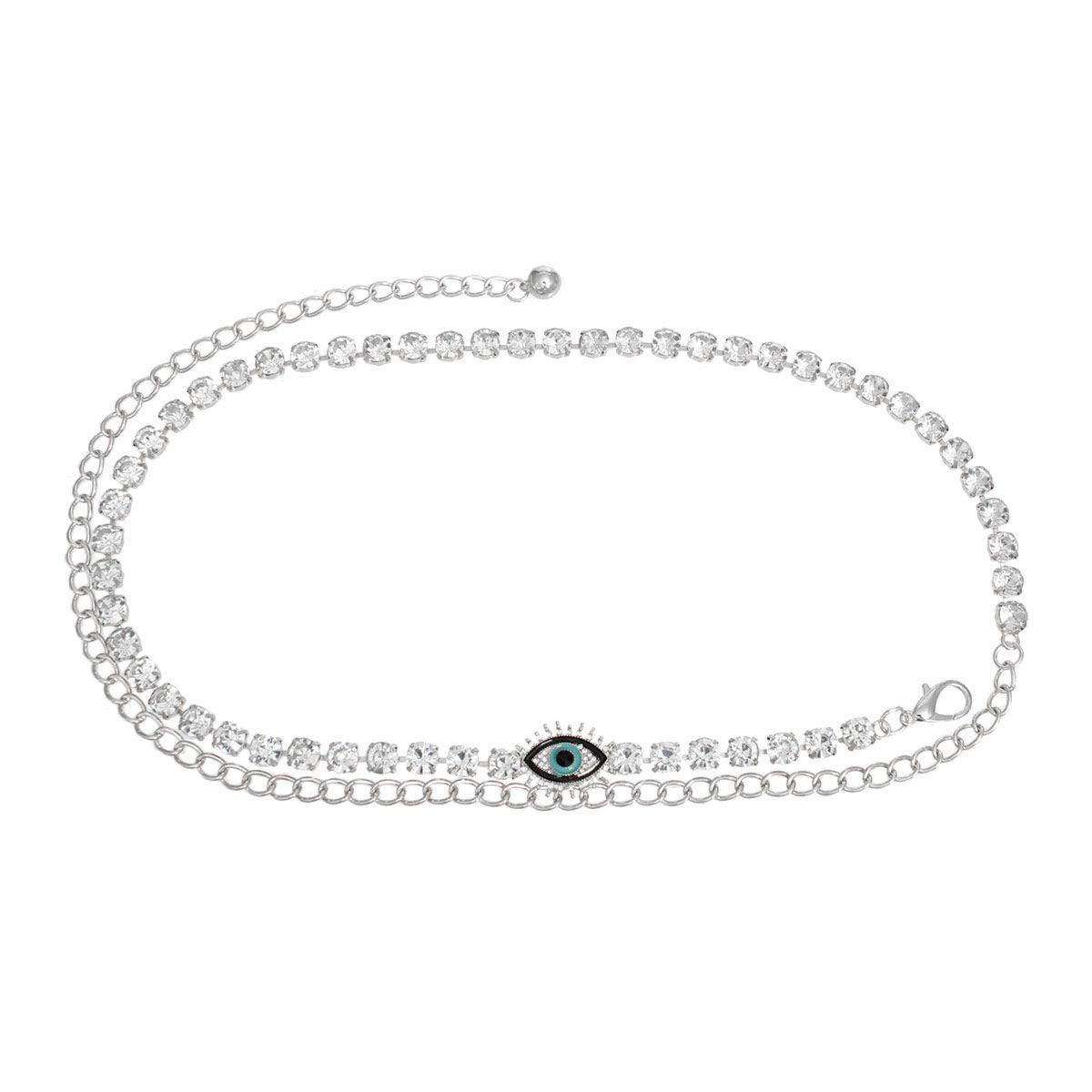 Style Your Silver Chain Rhinestone Belt with Evil Eye Accent for a Glamorous Look