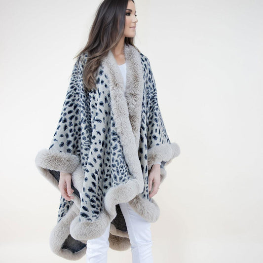 Stylish Beige Cheetah Print Faux Fur Wrap: Shawl Cape Ruana for Women