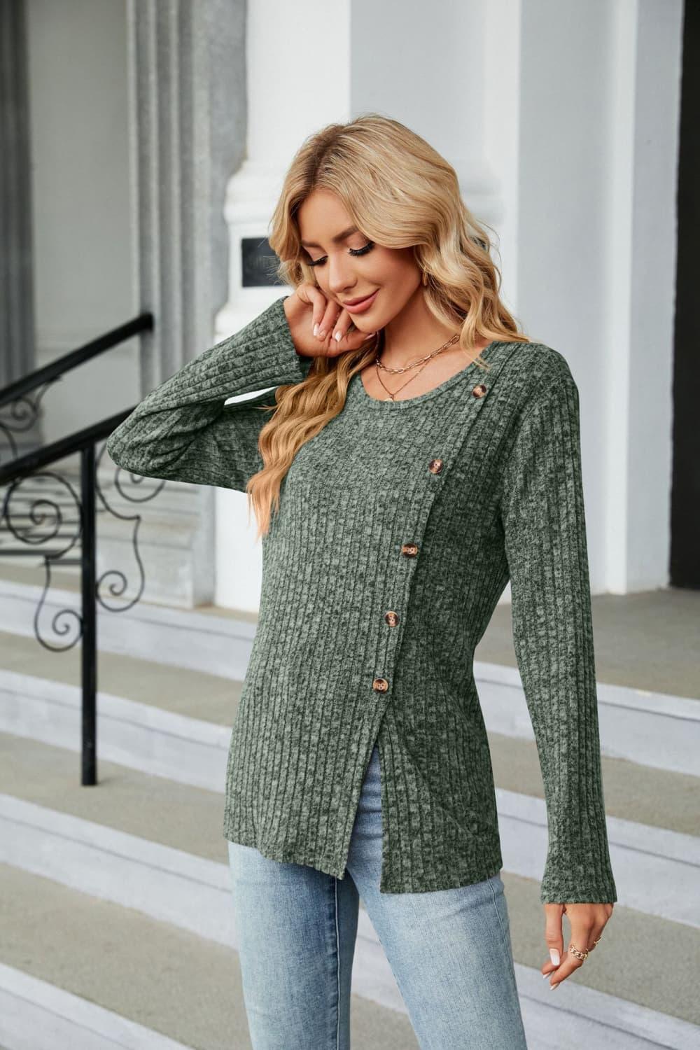 Stylish Buttoned Long Sleeve Slit Top: Shop Now for Fashionable Elegance