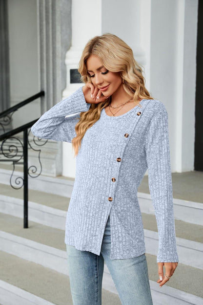 Stylish Buttoned Long Sleeve Slit Top: Shop Now for Fashionable Elegance
